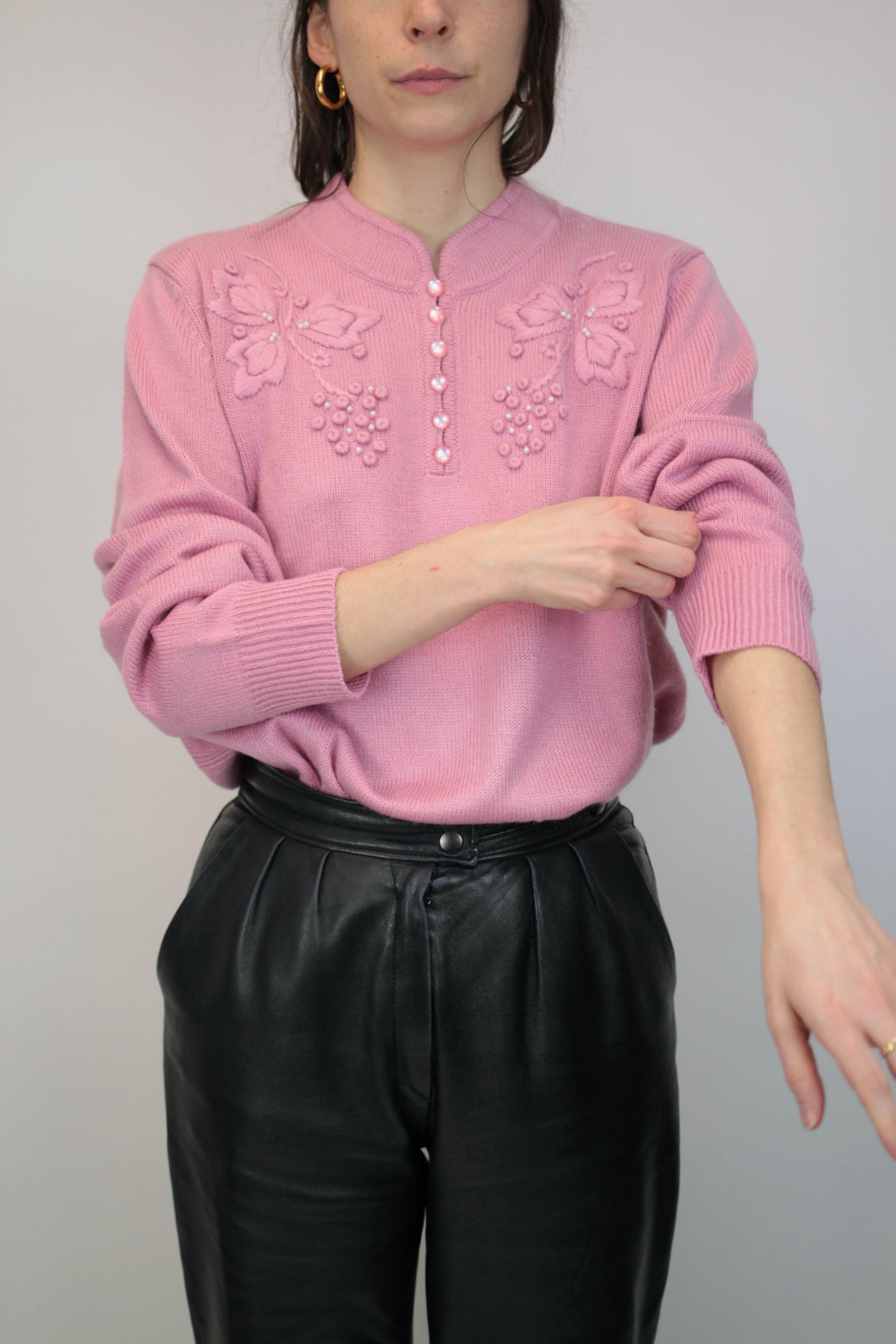 Rosa Pullover mit Perlen-Stickerein (Vintage)