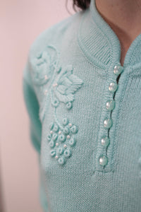 Türkis Pullover mit Perlen-Stickerein (Vintage)