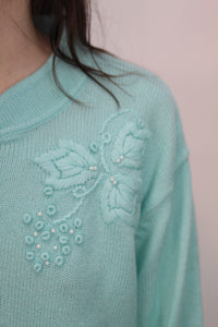 Türkis Pullover mit Perlen-Stickerein (Vintage)
