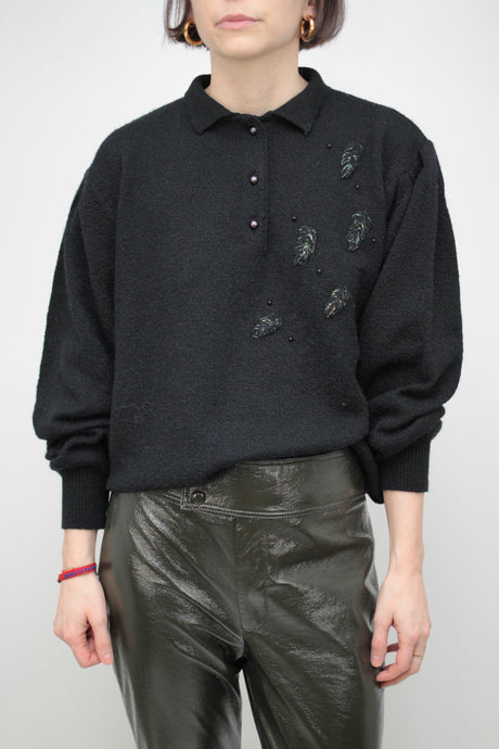 Schwarzer bestickter Strickpullover (Vintage)